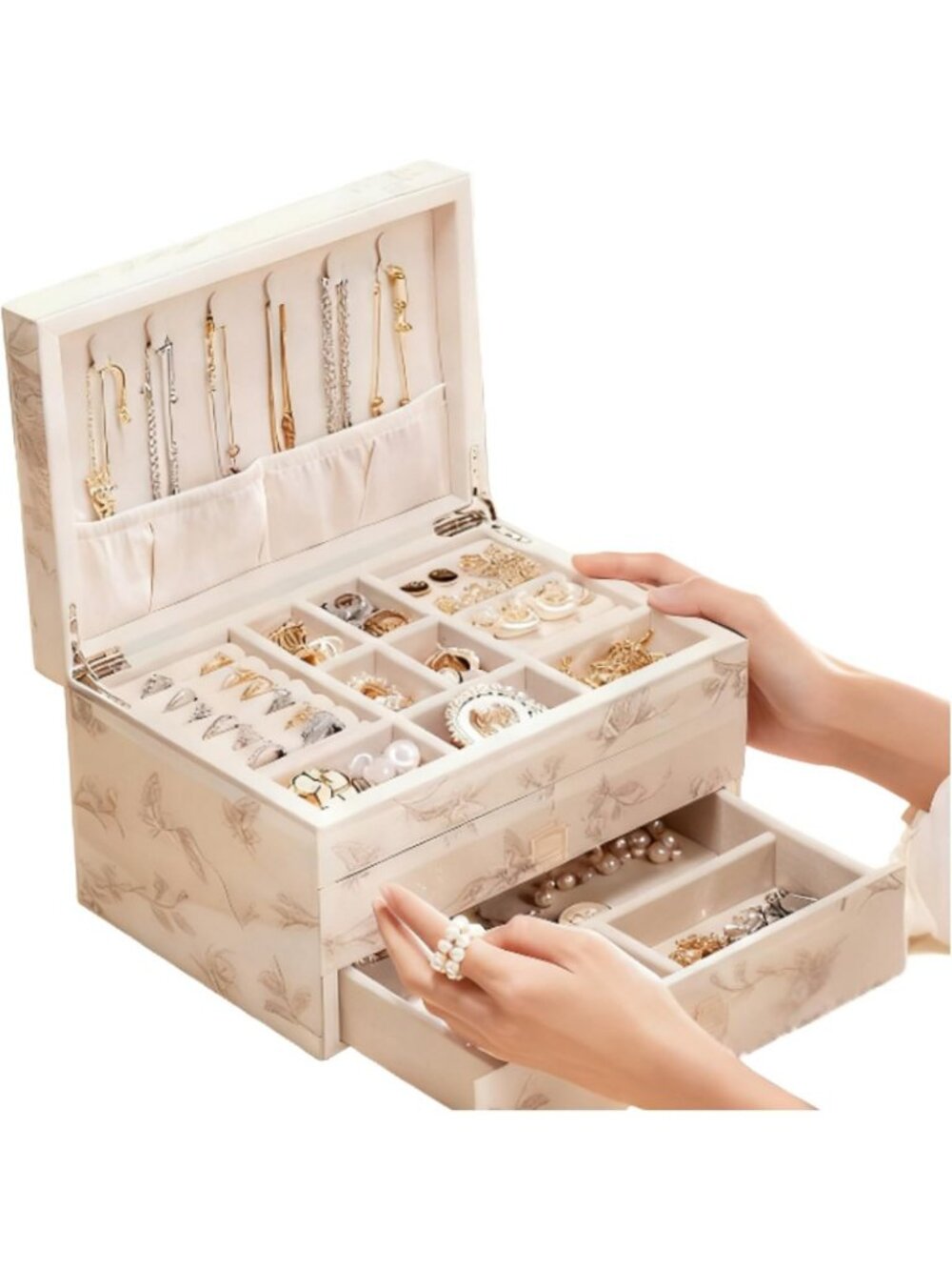 Vintage 3-Layer Glass Jewelry Organizer Box with Velvet Lining & Necklace Hooks
